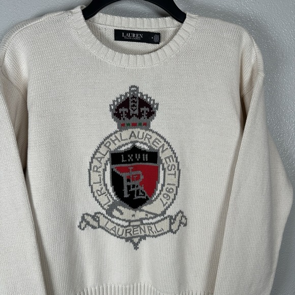NEW Lauren Ralph Lauren Intarsia Knit Crest Cream Cotton Sweater Classic Medium - Picture 2 of 7